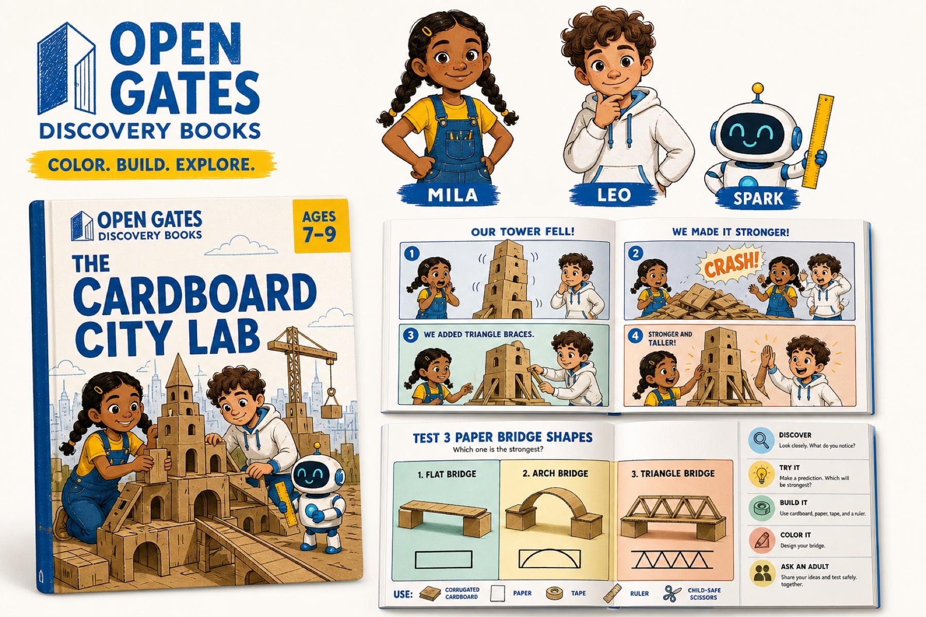 Discovery Books prototypes with illustrated child characters, a book cover, and activity spreads