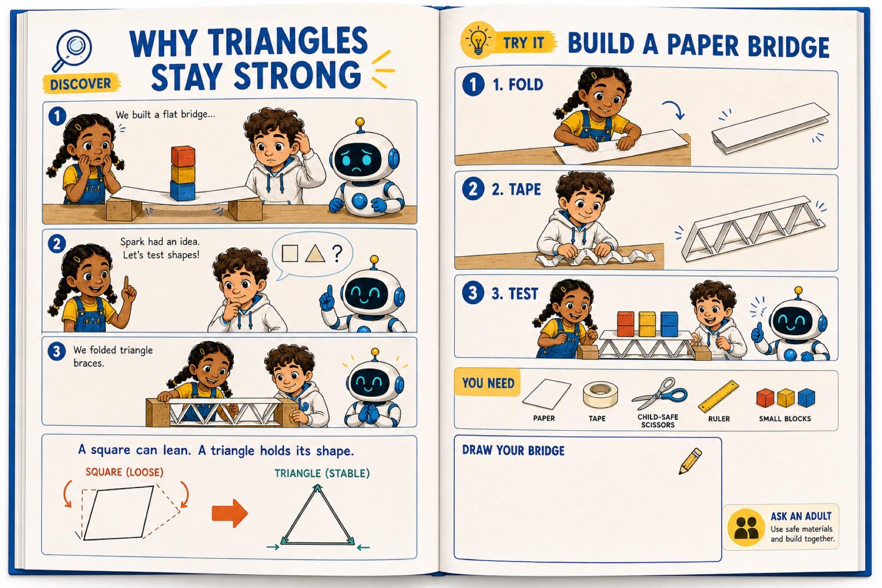 Open activity-book spread explaining why triangles make bridges strong