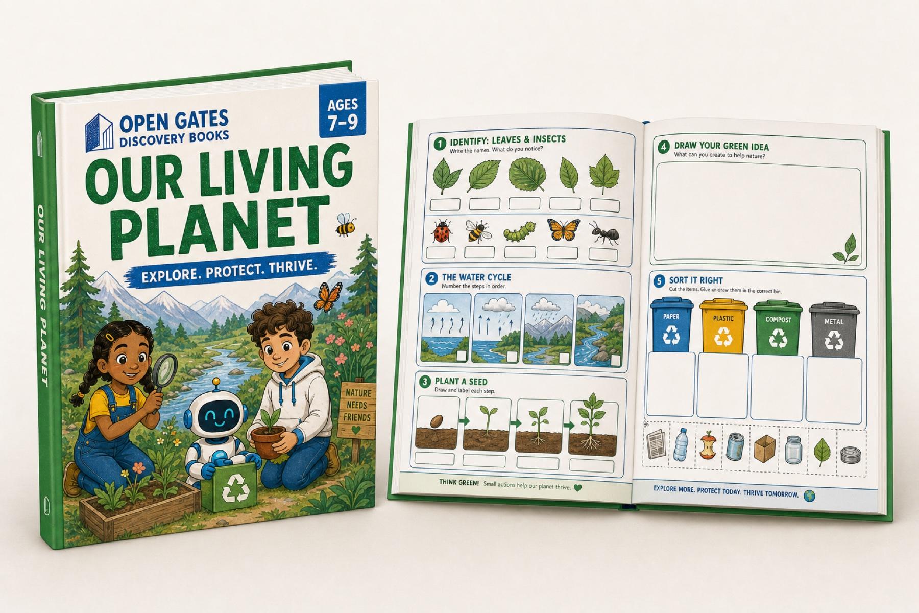 Our Living Planet physical book and environmental activity spread