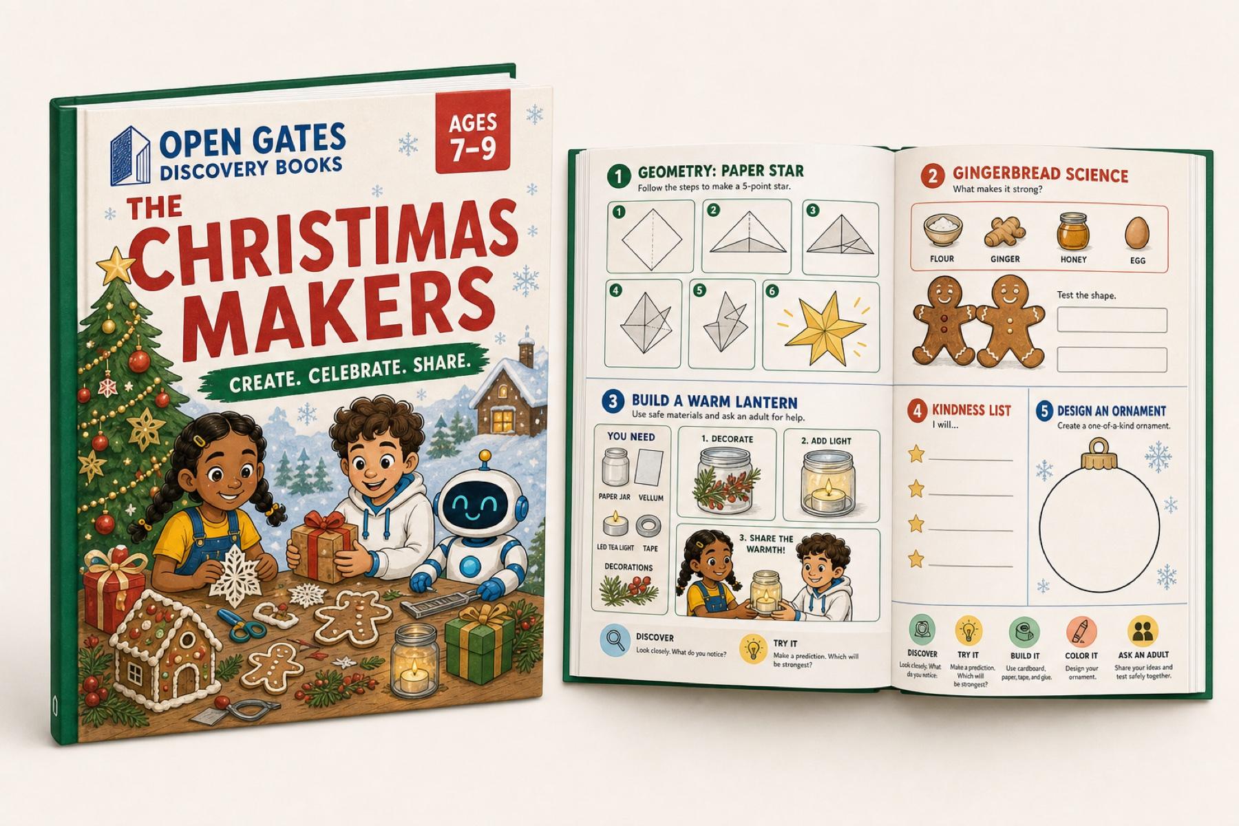 The Christmas Makers physical book with tree, ornaments, gifts, and Christmas activity spread